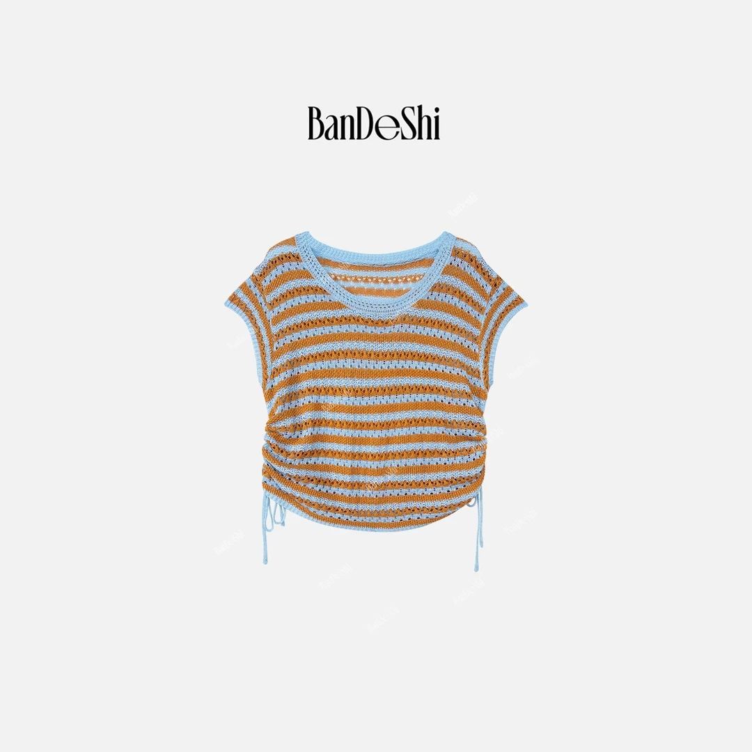 【C2727】#班德施-设计师款撞色条纹收腰褶皱镂空针织衫女装SC