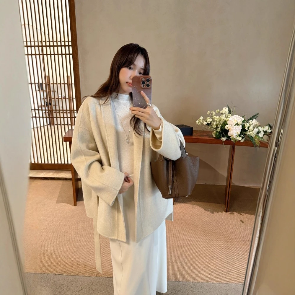 DIGM广州十三行女装2025秋冬手工双面呢羊毛大衣腰带外套女A31033