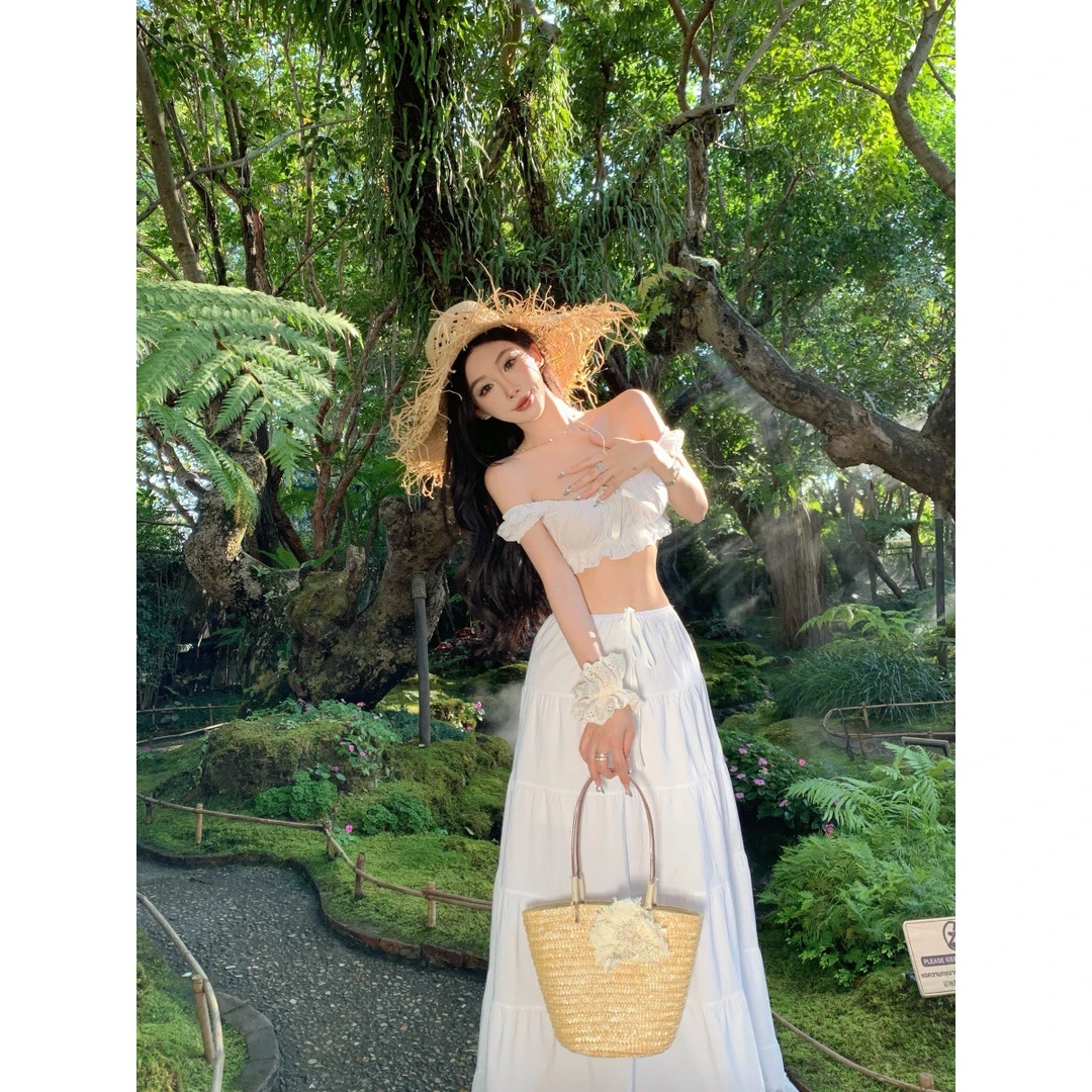 泰国海边女超仙纯欲白色泡泡袖抹胸上衣半身裙两件套拍照度假套装