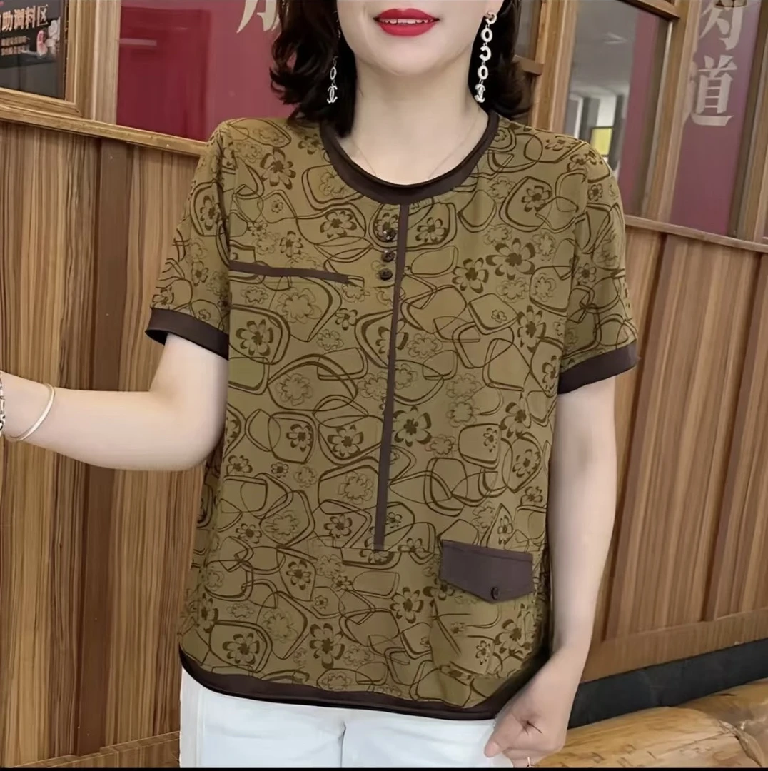 高档洋气圆领妈妈T恤2025夏季新款时尚休闲百搭短袖气质宽松上衣