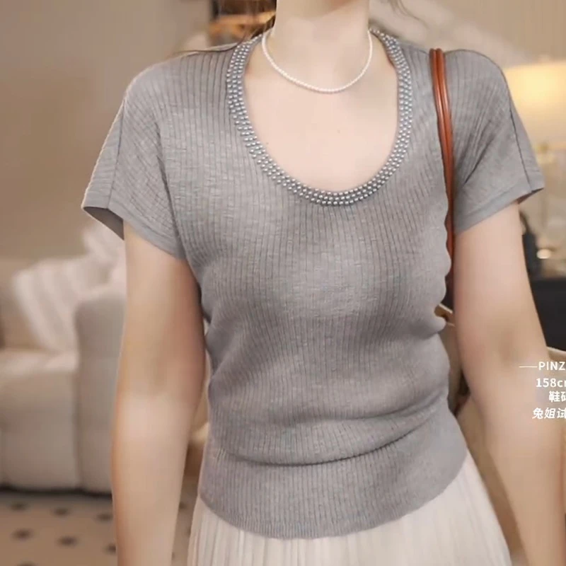 2025春夏新款百搭气质显瘦针织T恤女短款透气上衣LK2503721
