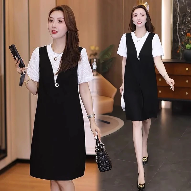 时尚连衣裙女2025夏季新款时髦洋气拼接蕾丝短袖上衣气质中长裙潮