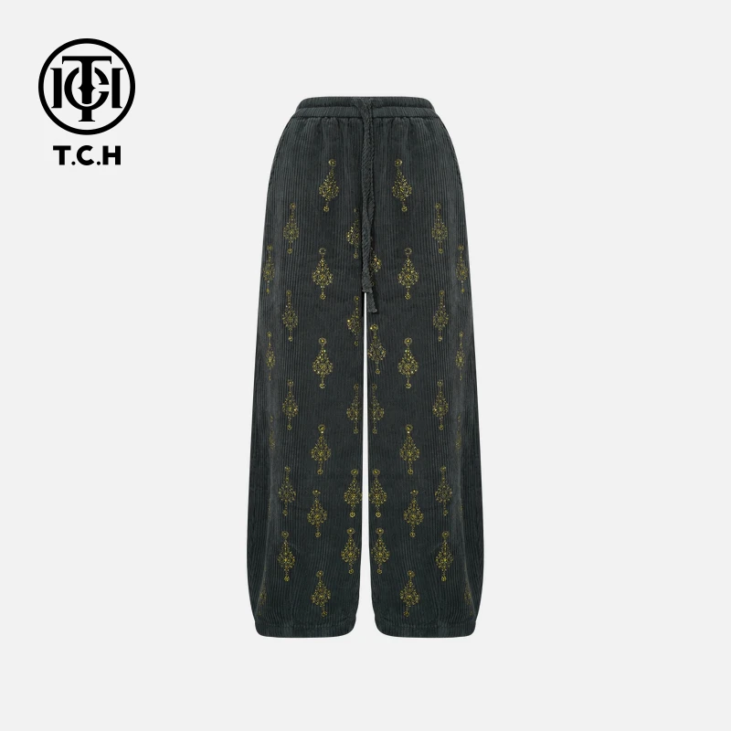 年终大促款TCH冬慵懒风烫钻时尚淑女墨绿色休闲裤T75D20E1033