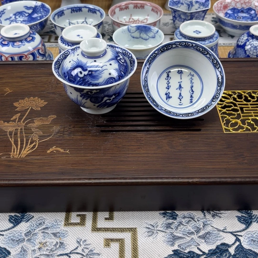 手绘仿元青花海浪纹2件套