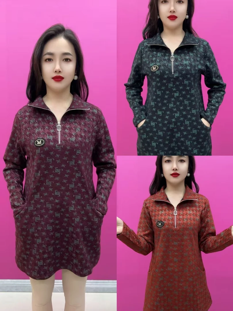 0486丹雪奴拉链半高领双兜加绒大版衫