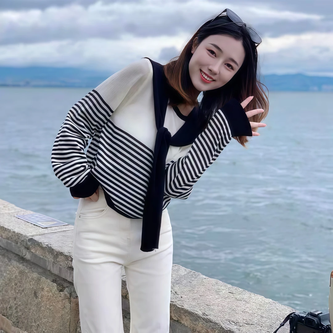 2025年早秋气质披肩条纹时尚百搭圆领针织衫长袖T恤小个子上衣女