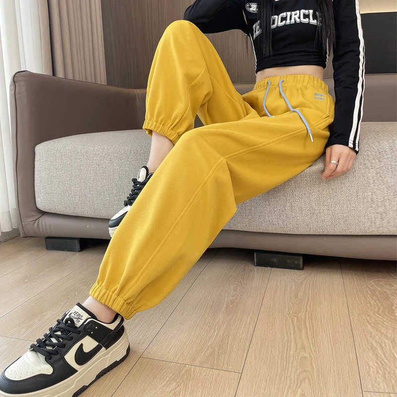 黄色运动裤女春秋2025新款高腰宽松休闲显瘦美式哈伦灯笼束脚卫裤
