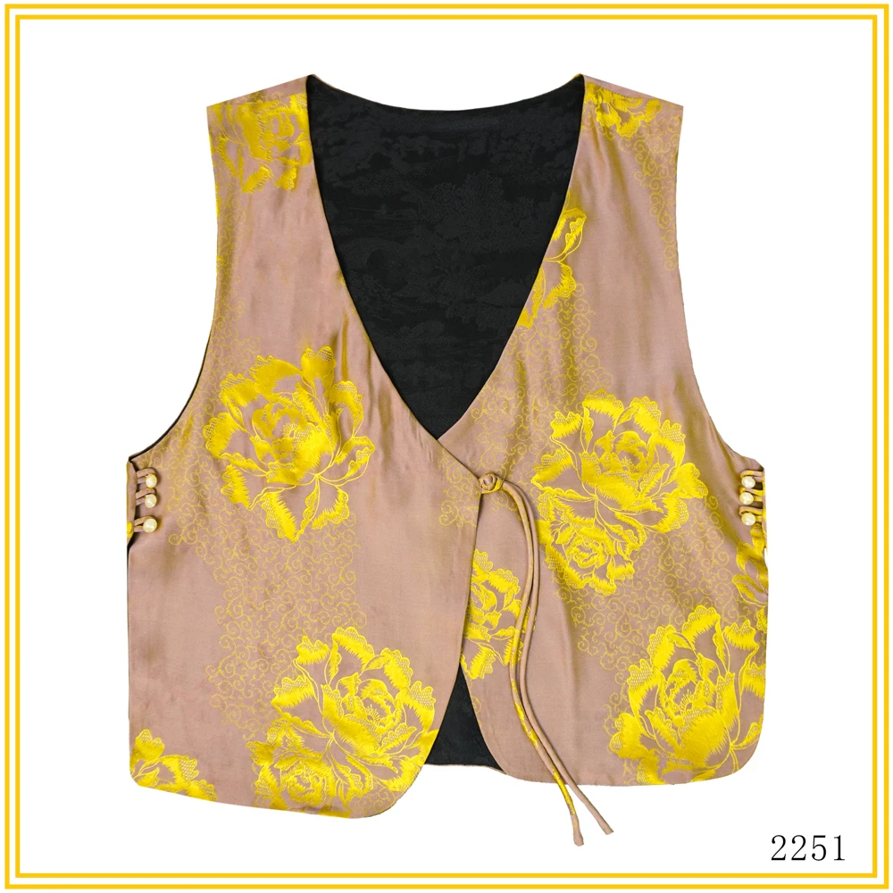 LL 新款香云纱锦缎双面穿国风时尚宽松黄色马甲2251-1