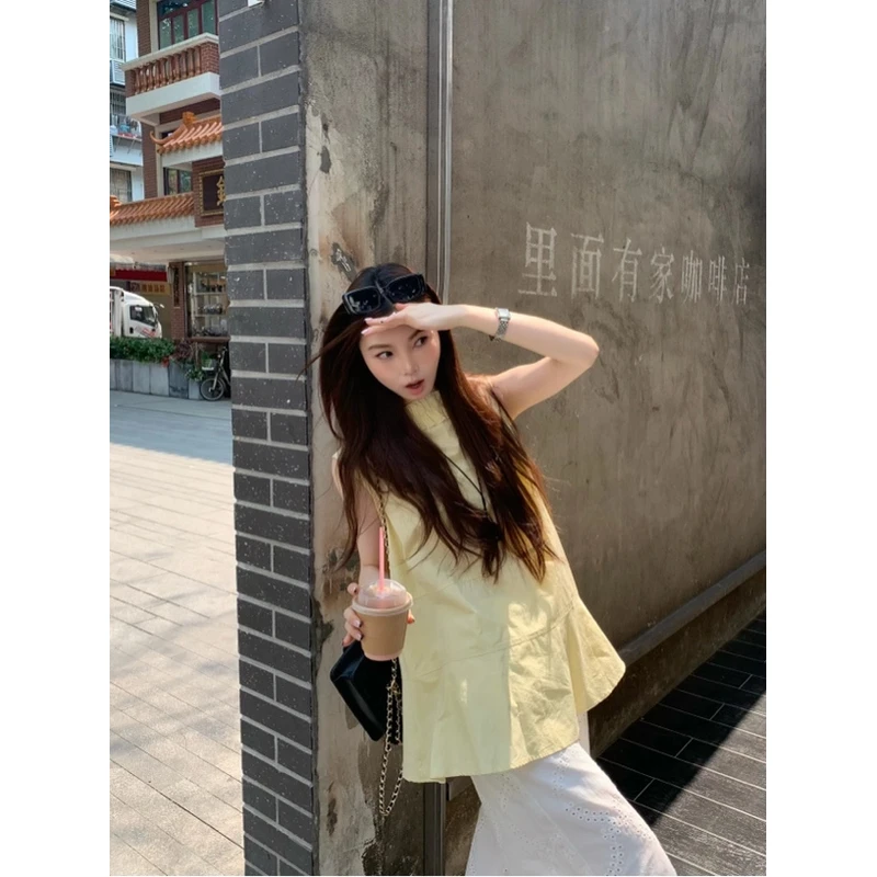 夏日甜柠檬～韩系小心机前后两穿V领褶皱花边衬衫上衣显瘦小众时尚