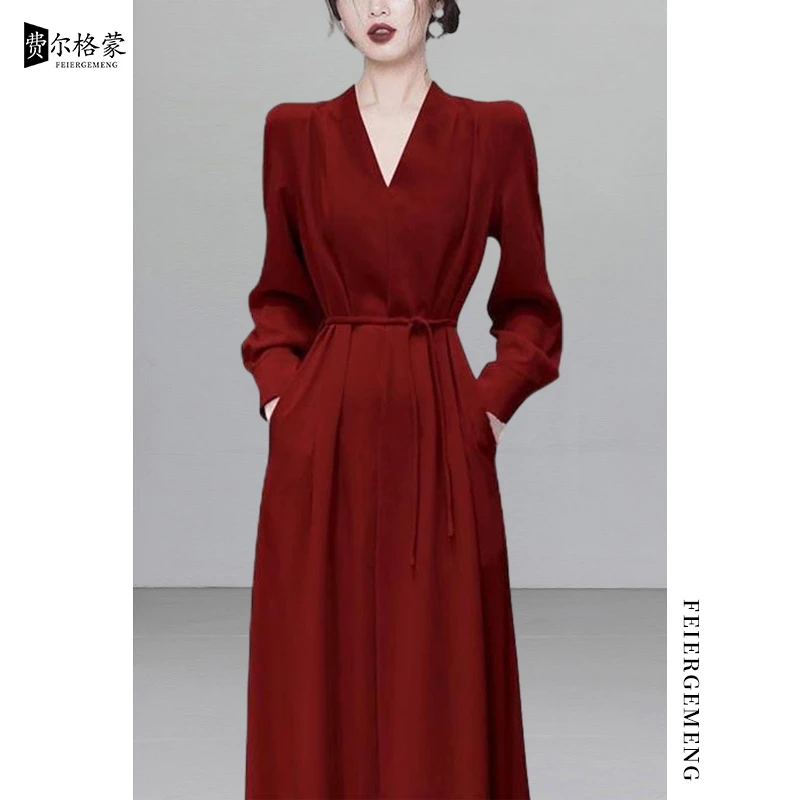 洋气质红色春秋礼服裙新款气质简约收腰轻奢中长名牌上档次风衣