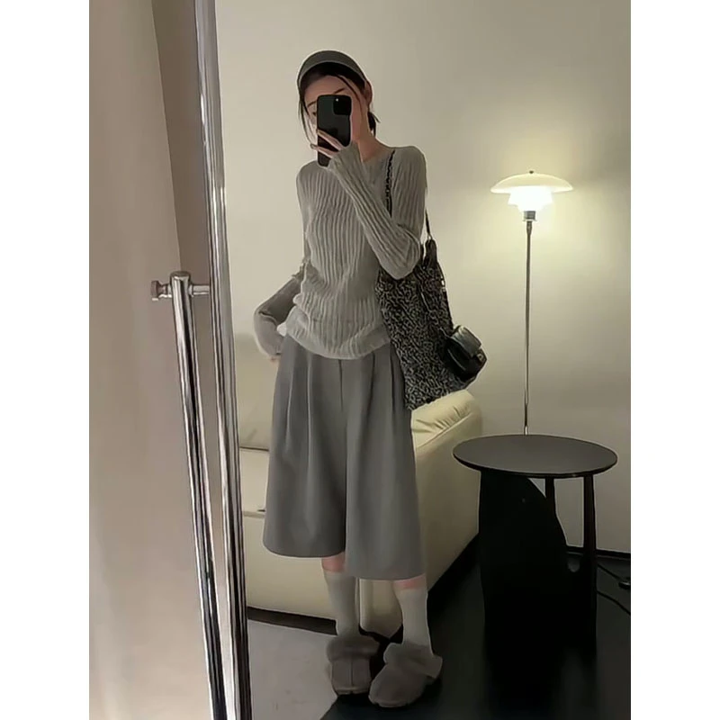 2025早秋新款女韩系穿搭修身圆领长袖毛衣上衣气质高腰显瘦阔腿裤