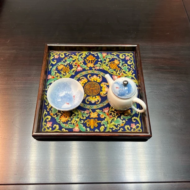 老挝大红酸枝镶嵌景泰蓝八宝五福分茶盘收纳茶盘