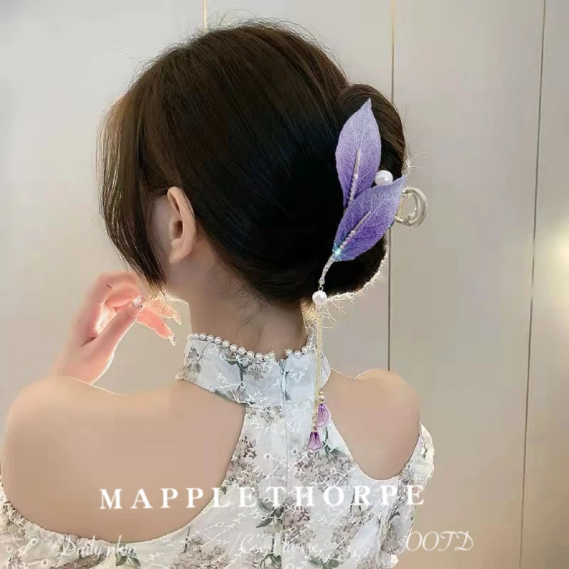 彬妮奢2025新款紫气东来树叶流苏抓夹宫廷古风发夹超仙鲨鱼香蕉夹