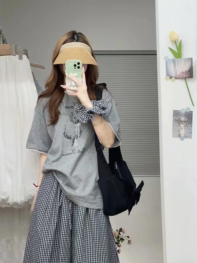 现货格子夏季时尚显瘦格子裙套装宽松款式2025新款半身裙套装