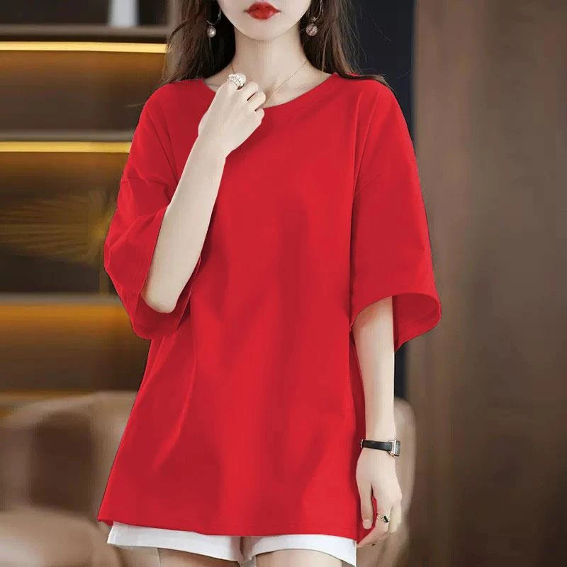 中长款纯棉韩版大红色短袖T恤女2025夏新款宽松大码半袖上衣ins潮