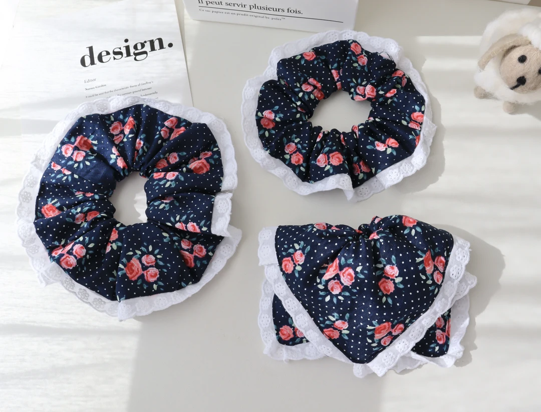 波点玫瑰~定制手作撞色花边玫瑰波点方巾发圈女