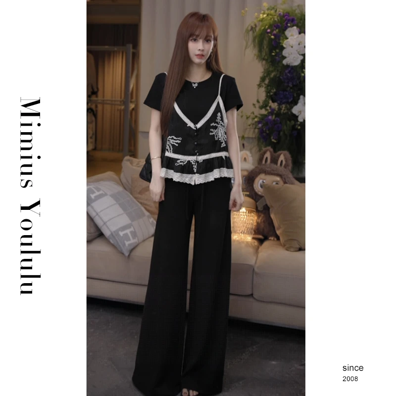 【mimius】U 浅夏甜茶 设计感蕾丝拼接时尚休闲假两件上衣 G06040