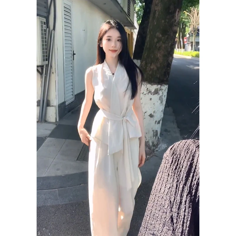 2025夏季新款法式不规则系带V领无袖上衣气质高腰宽松显瘦阔腿裤