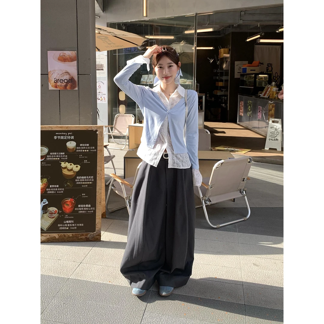 宋正恩廓形灰色弯刀阔腿休闲裤女压褶西裤宽松拖地长裤AAS5540