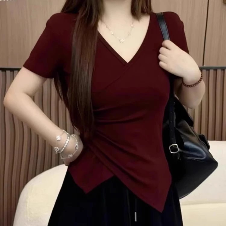 小众修身交叉腰小衫不规则设计感甜辣短袖上衣女夏季新款爆款t恤