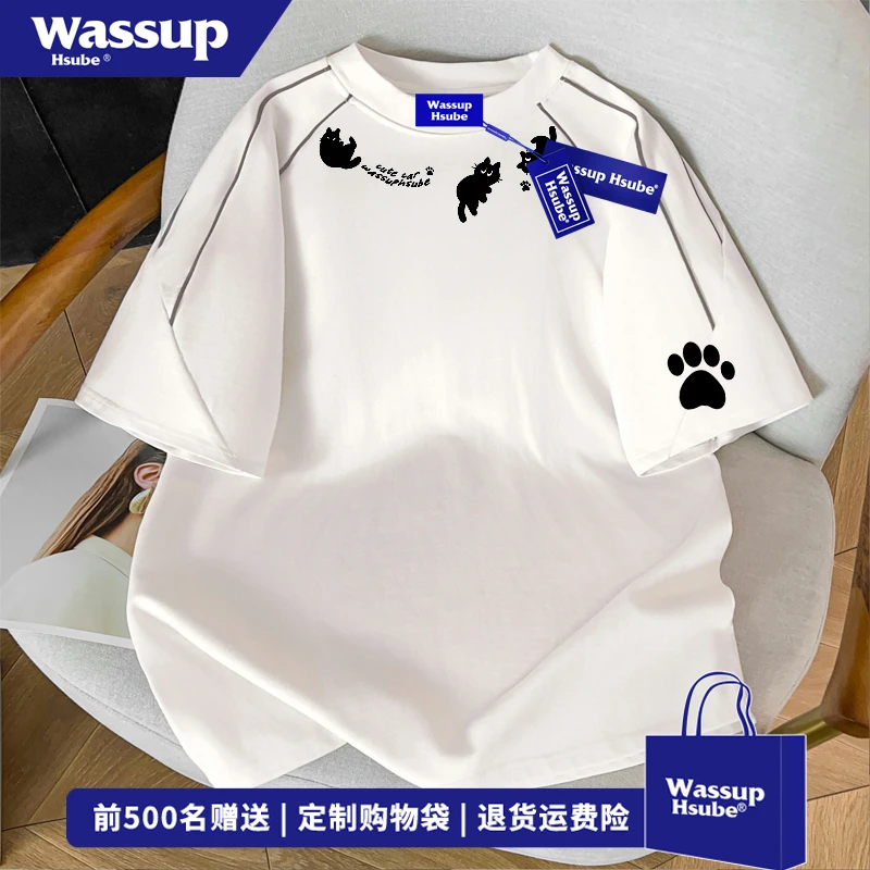 WASSUP HSUBE夏季创意卡通小猫短袖T恤男女美式纯棉百搭拼接上衣