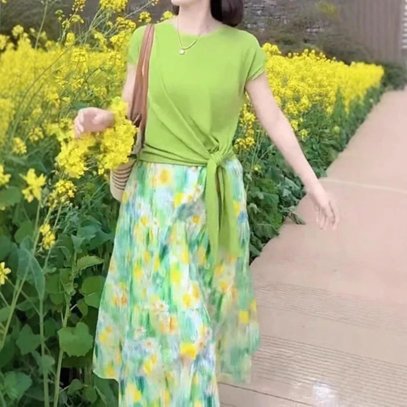 碎花显瘦气质时尚绿色短袖优雅裙套装裙子休闲夏季女装小清新上衣