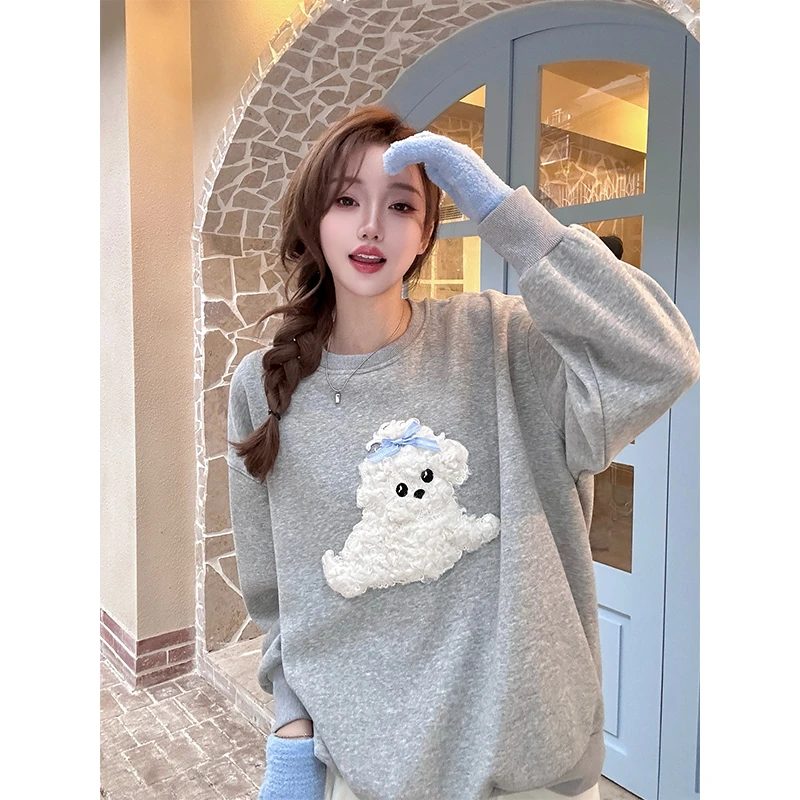 无帽灰色卫衣女秋冬独特别致2025新款小个子百搭减龄宽松圆领上衣