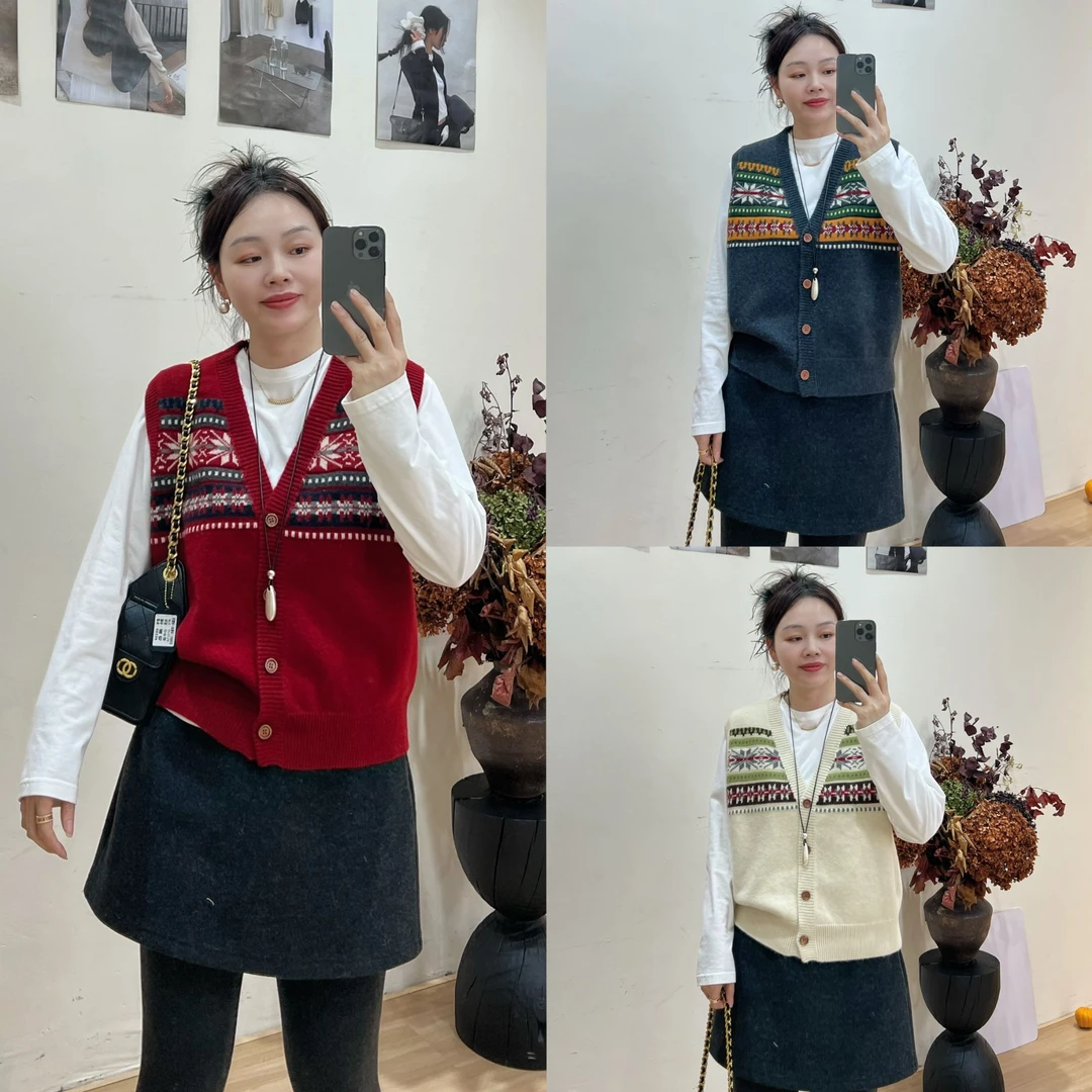 雪花费尔岛V领毛衣提花针织马甲