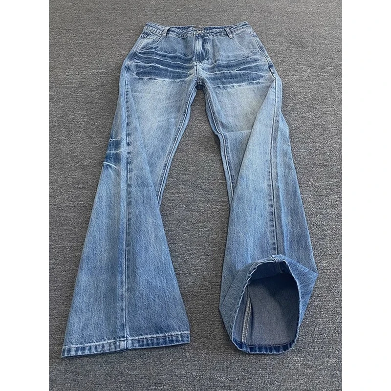 冰蓝色闪电纹弯刀牛仔裤男款夏季cleanfit裤子美式高街vibe弯刀裤