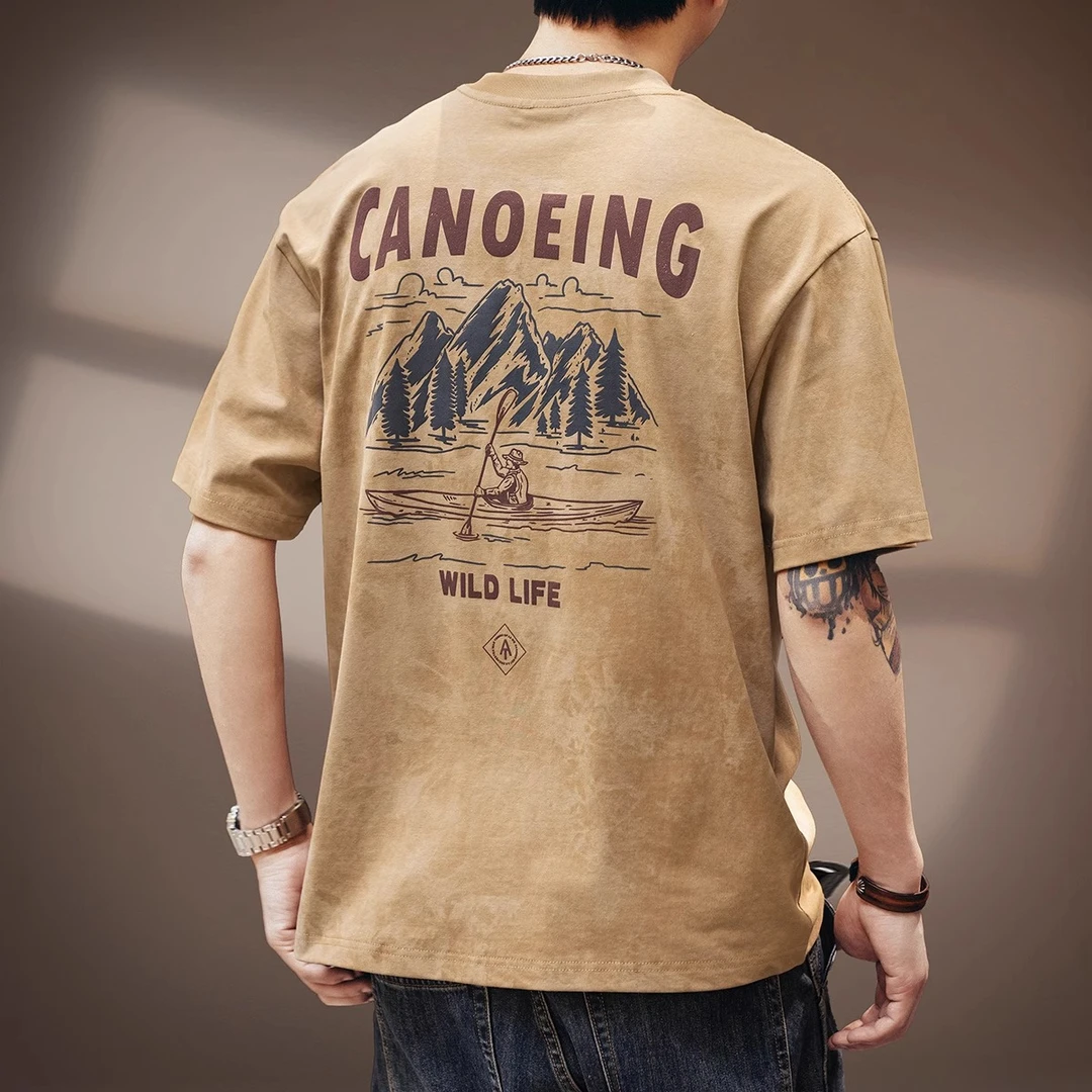 高端280g重磅云染水洗短袖T恤男士夏季宽松潮牌美式复古印花体恤