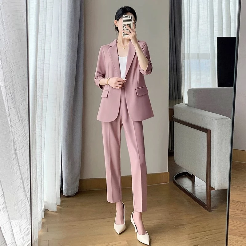 大码夏季薄款气质西服套装女胖mm时尚休闲职业小西装九分裤两件套