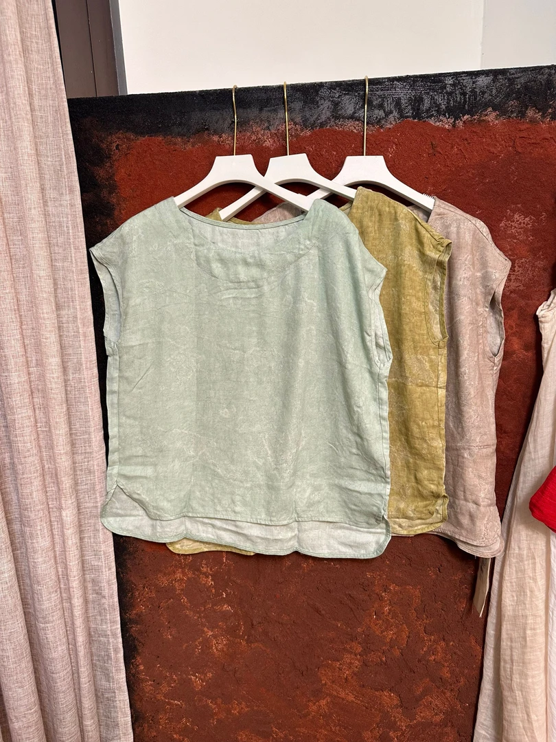 无袖宽松型抗皱常规圆领碎花T恤纯色时尚夏季复古