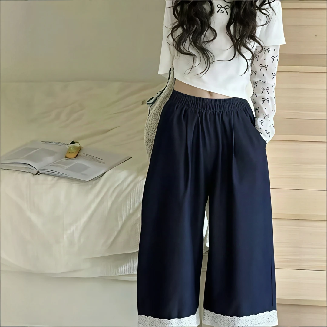 【现货裤子】中大童25年夏季新款宽松直筒高腰阔腿裤薄款九分裤蕾丝