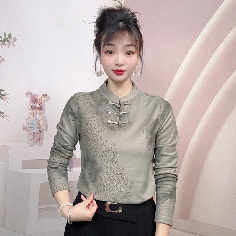 2024冬季新款国风立领印花气质百搭时尚长袖减龄加绒打底衫女上衣