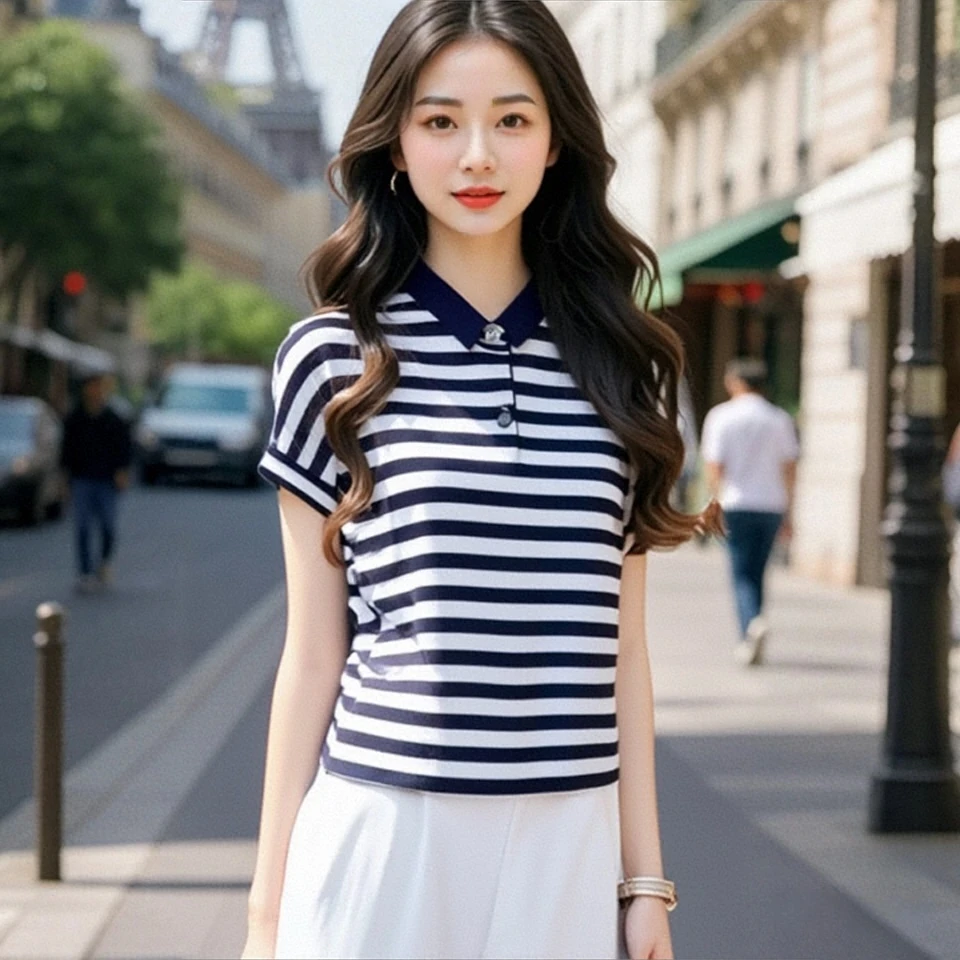 条纹短袖t恤女士夏季新款翻领纽扣大码上衣时尚百搭宽松显瘦小衫