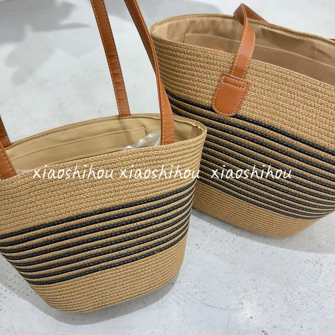 小时候女装店条纹编织百搭草包