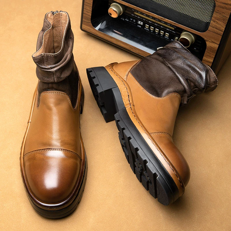2025春秋新款切尔西真皮高帮英伦复古软皮短靴厚底牛皮透气马丁靴
