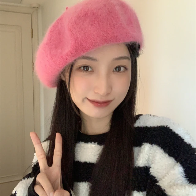 粉欲弥漫~新款兔毛毛绒贝雷帽女韩系秋冬覆古气质时尚针织画家帽