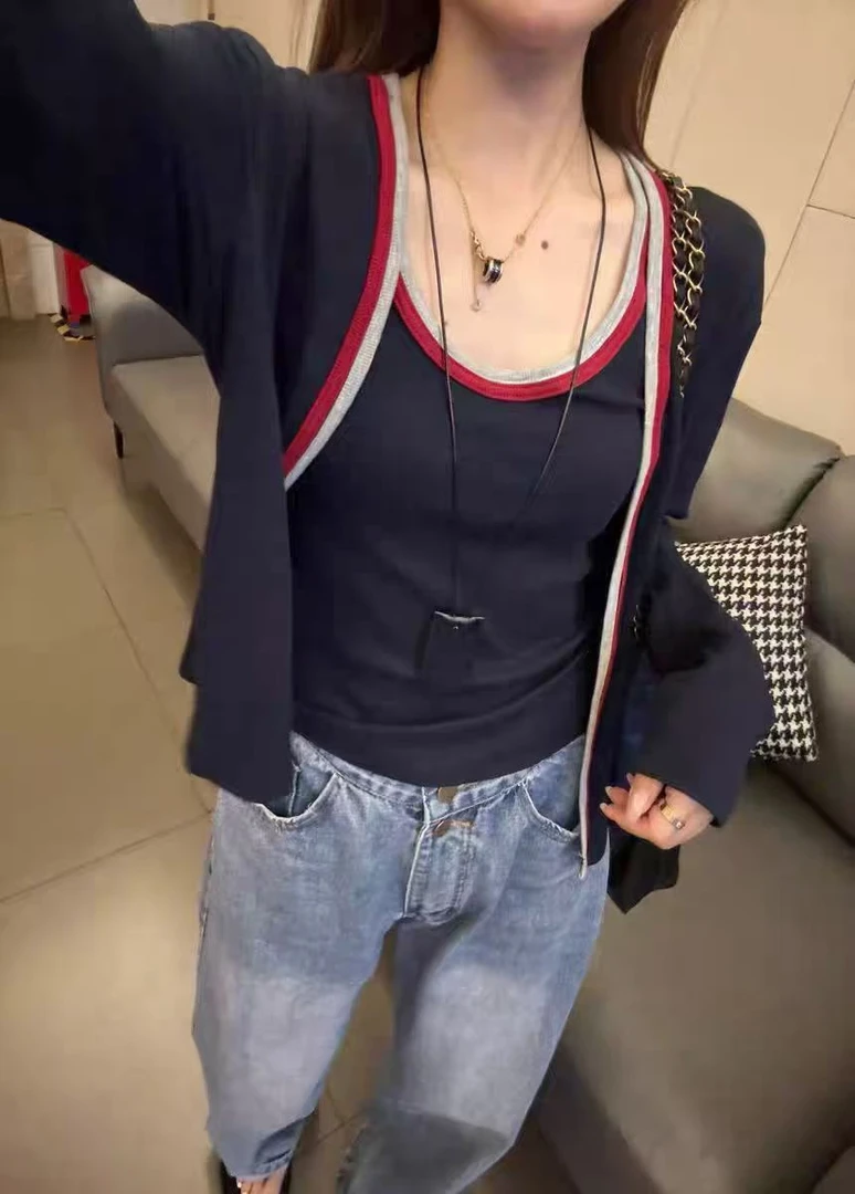 大码女装-25698洋气欧货开衫休闲透气宽松型外套+背心撞色秋季