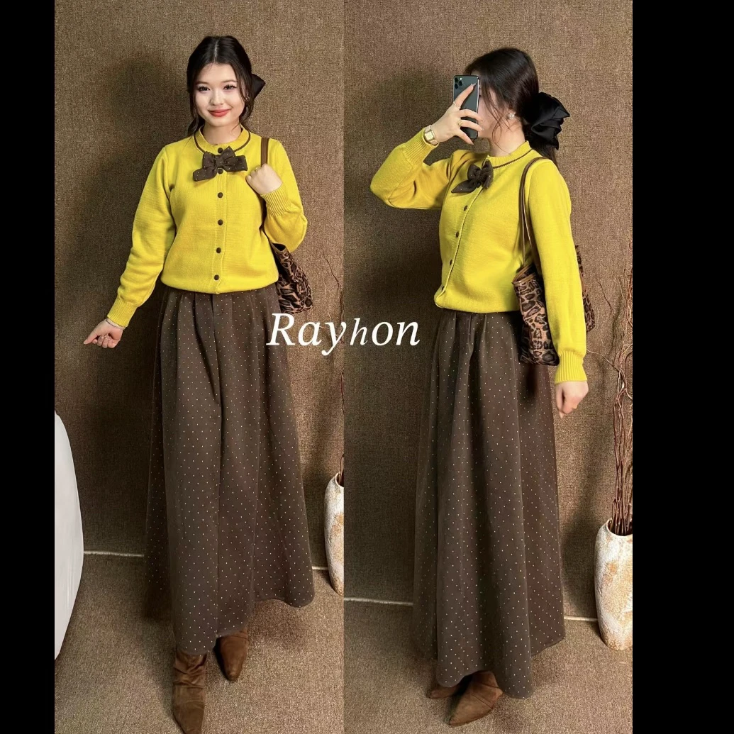 Rayhon秋冬复古毛呢高腰A字显瘦半身裙附腰带简约百搭0070