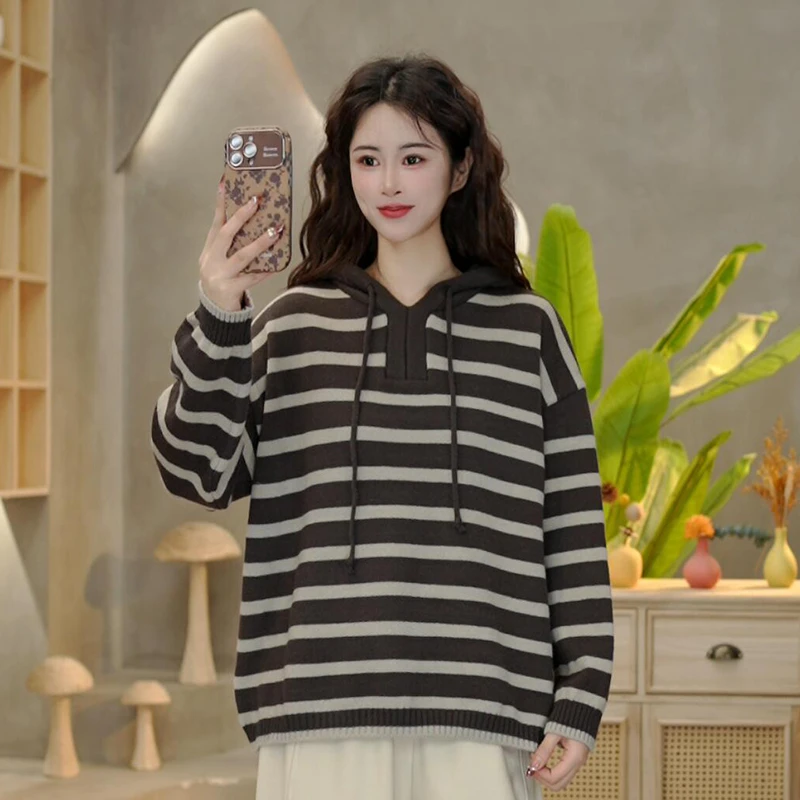 5159 冬季新款条纹连帽毛衣休闲时尚百搭长袖上衣