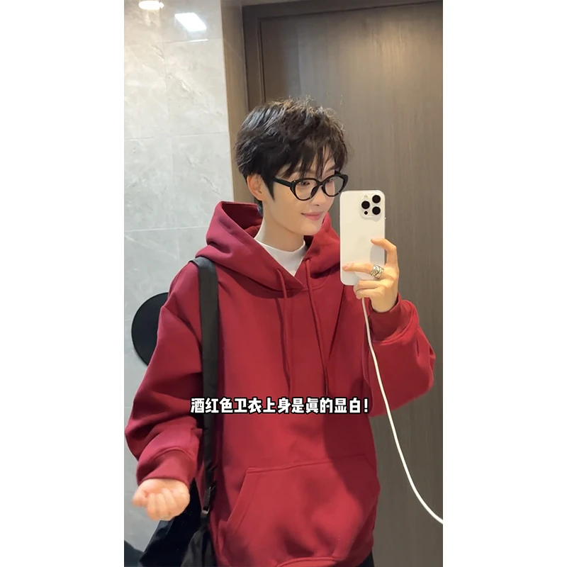 藏青色美式复古卫衣男秋冬加绒cleanfit外套高级感重磅情侣连帽衫