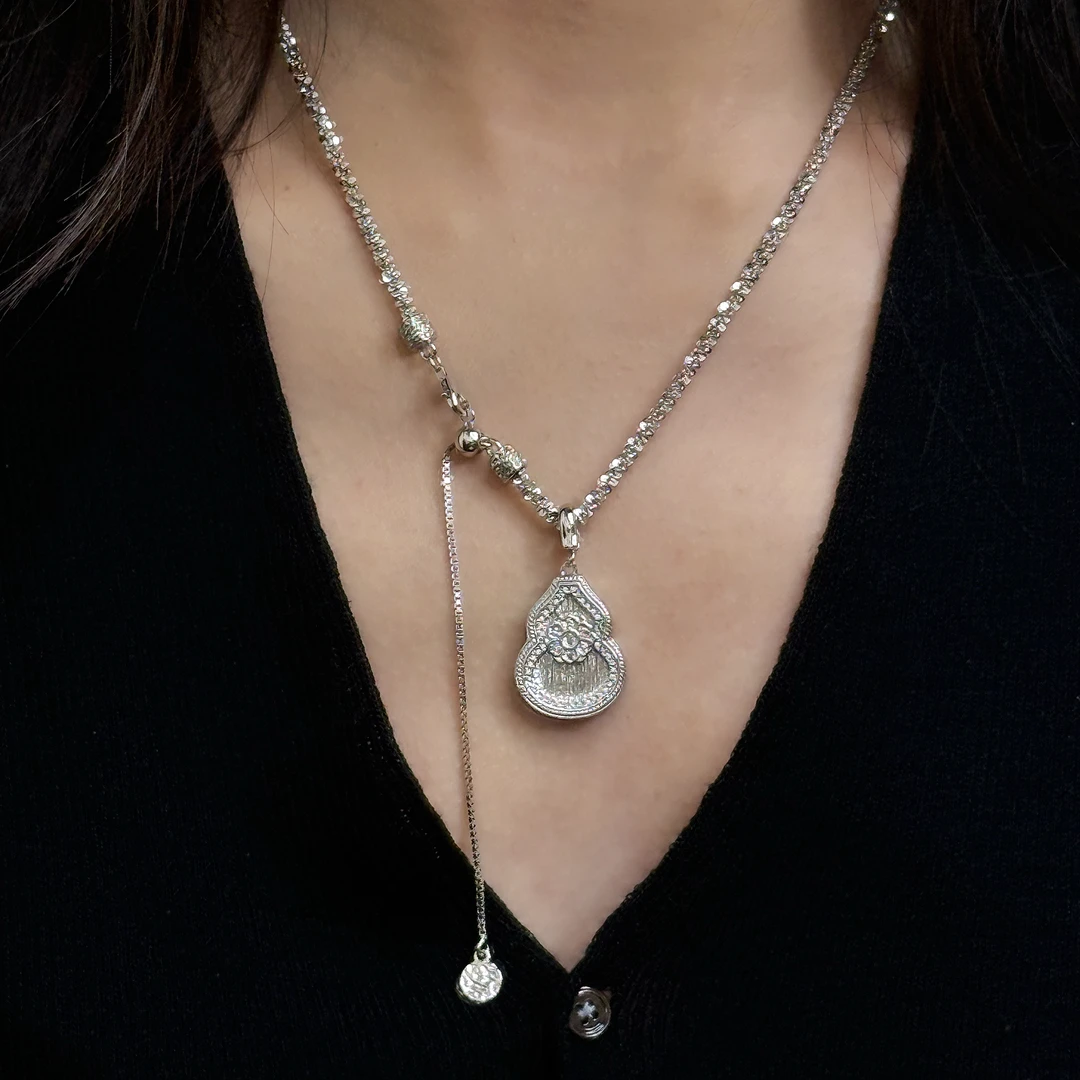 坠链均925银 《福禄禧财》重工双面戴好寓意葫芦碎冰冰锆锆银项链