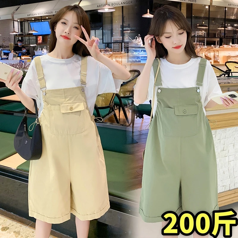 大码孕妇背带裤夏季短裤小个子显瘦吊带裤宽松阔腿连体裤女200斤