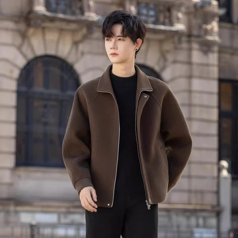 高级感翻领双面呢呢子大衣男士短款外套气质秋冬季百搭美式夹克男