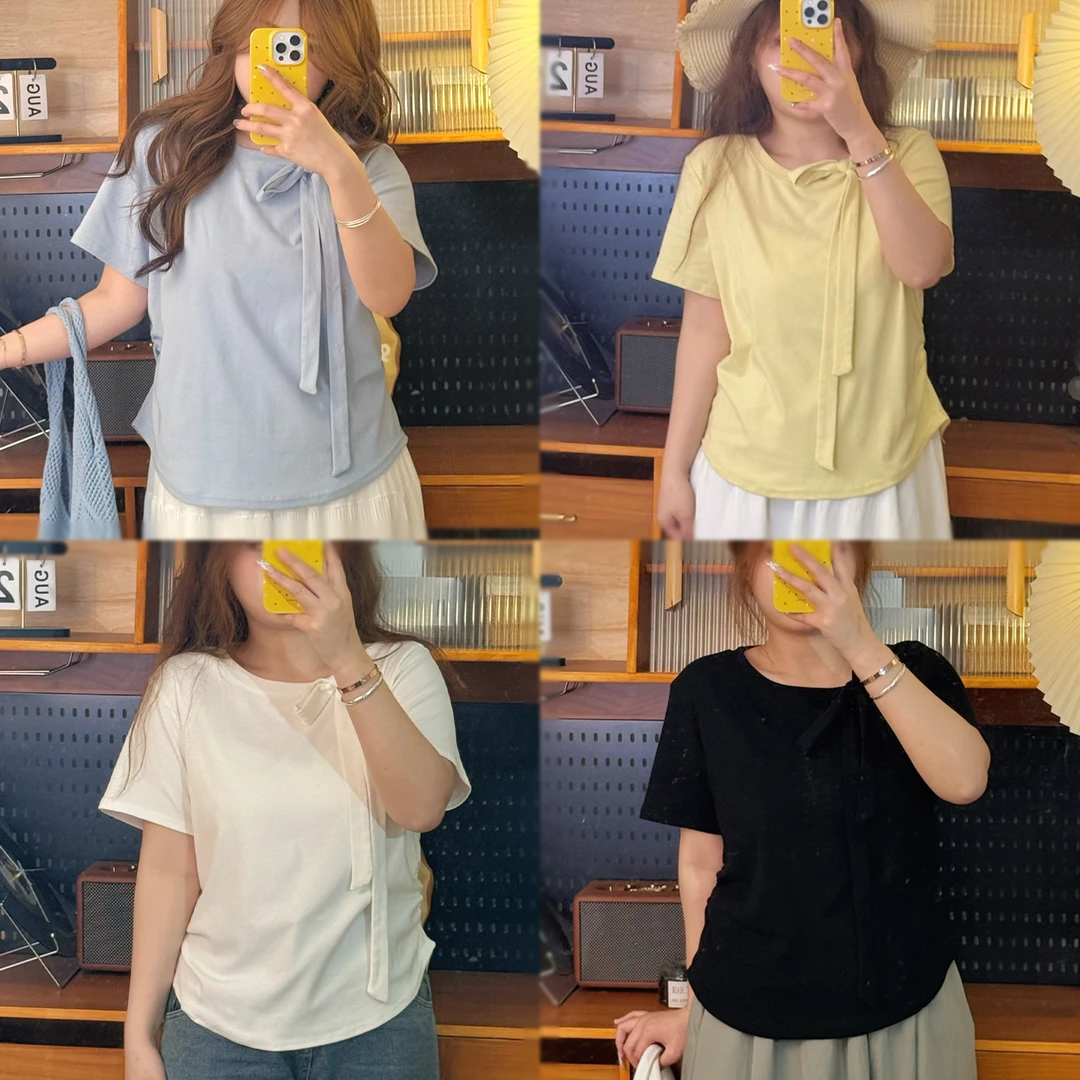 大码女装2025夏季新款设计感蝴蝶结修身短袖上衣