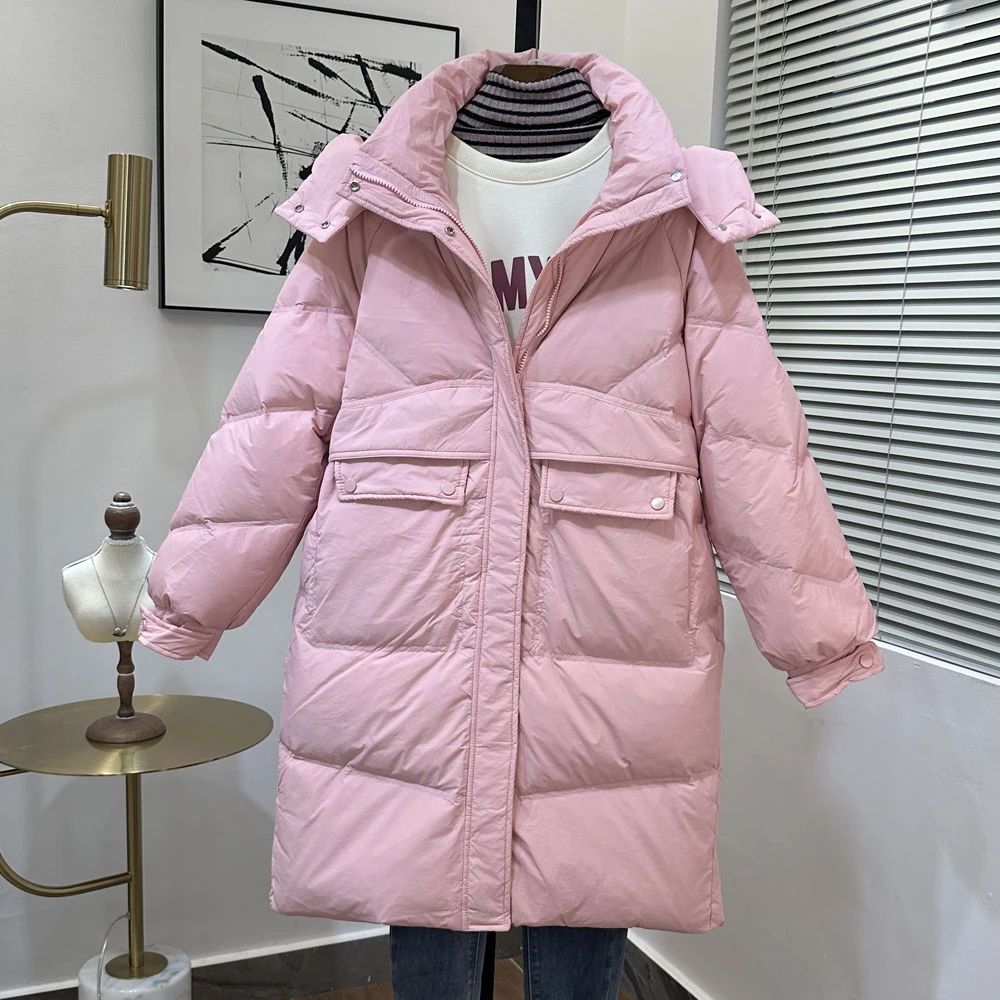 2025新款羽绒服女中长款新款韩版宽松加厚白鸭绒连帽冬季外套潮