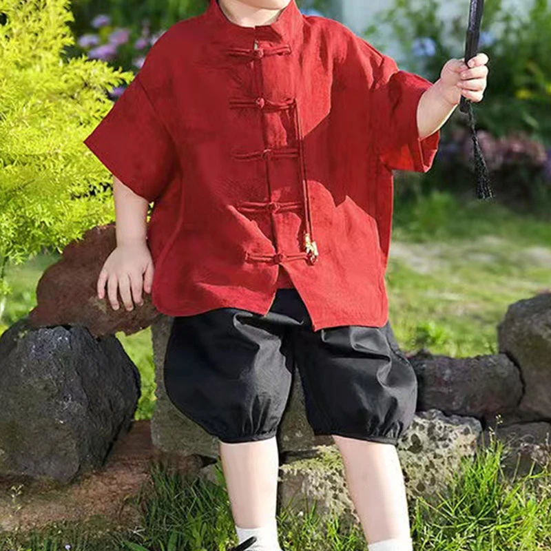 男童新中式汉服唐装中大童民国风刺绣复古网红碎花衬衫套装圆领