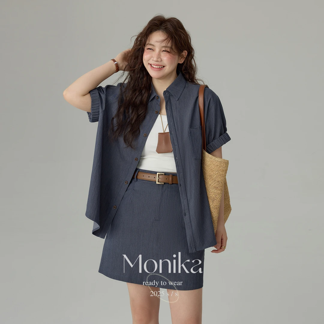 大码女装胖mm夏季polo领设计感短袖衬衫+A字半身裙短裙套装75862