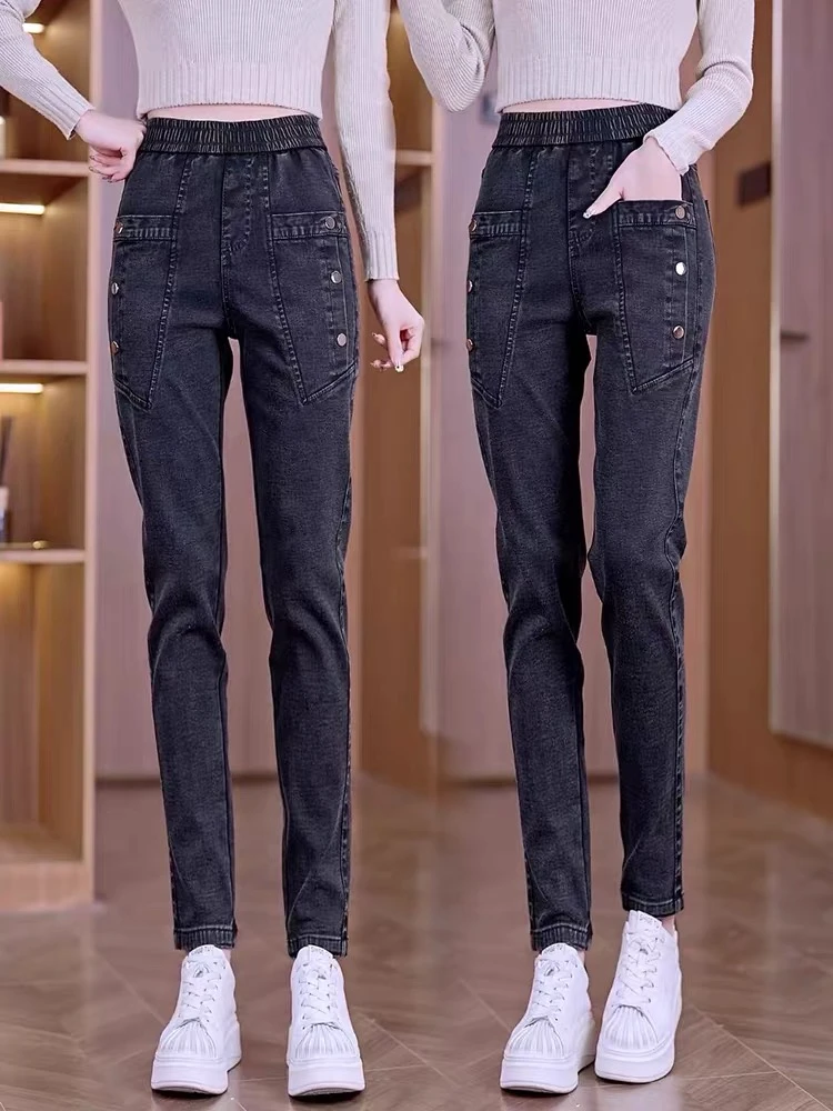 高腰弹力牛仔哈伦裤女2025秋冬加绒妈妈铅笔裤宽松显瘦时尚休闲裤
